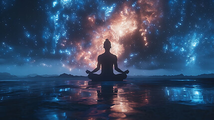 silhouette of a man and a glowing soul, a man in the lotus position doing yoga, meditation - obrazy, fototapety, plakaty