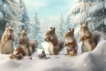 Group of playful squirrels collecting acorns in a snowy forest - obrazy, fototapety, plakaty