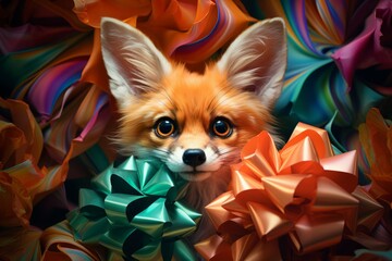 Curious fox peeking out of a gift box