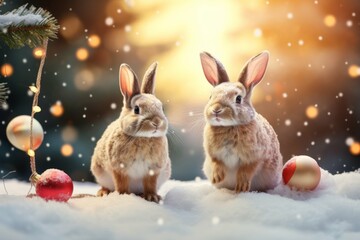 Group of bunnies wearing Christmas bows hopping through a snowy meadow