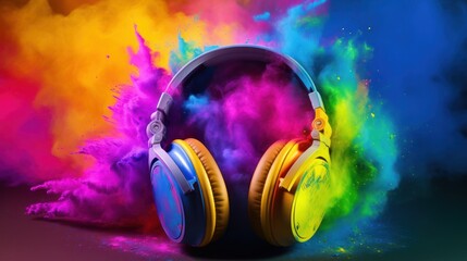 Pair of headphones are shown with colorful background that matches the colors on the headphones. - obrazy, fototapety, plakaty