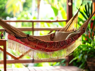 Rolgordijnen Travel concept with a hammock in a tropical beach with turquoise water in the background © Svetlana