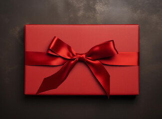 Top View of a Red Gift Box with Red Ribbon on a Dark, Worn Countertop Background, Conveying Elegance and Mystery, Perfect for Holiday Presentations, Special Occasions, or Gift-related Promotions