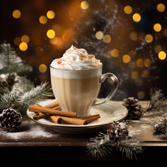 photo, a cup of coffee with cream in a Christmas setting, super realistic сreated with Generative Ai