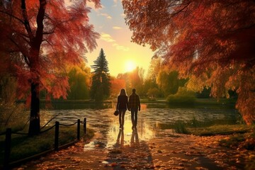 Romantic sunset walk in colorful autumn park