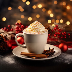 Obraz na płótnie Canvas photo, a cup of coffee with cream in a Christmas setting, super realistic сreated with Generative Ai