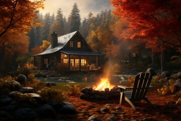 Cozy cabin in autumn woods with smoke from chimney - obrazy, fototapety, plakaty