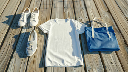 t shirt mock up with shoes, bags and bag, in the style of handcrafted designs, light white and white, poured resin, extruded design, rustic charm, double lines, simple designs