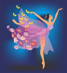   composition with a girl who performs a dance surrounded by flowers and butterflies