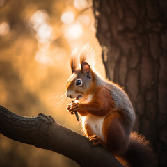 Obraz premium cute red squirrel, eating nuts on a branch of a beautiful tree under sunset lighting сreated with Generative Ai