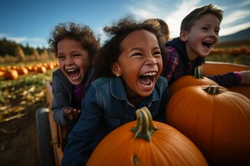 Children having a fun hayride through a pumpkin patch