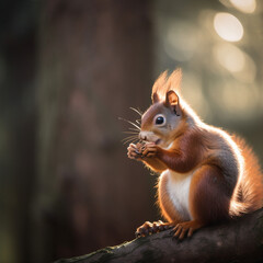 Naklejka na ściany i meble cute red squirrel, eating nuts on a branch of a beautiful tree under sunset lighting сreated with Generative Ai