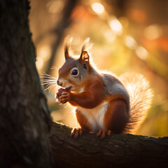Naklejka na ściany i meble cute red squirrel, eating nuts on a branch of a beautiful tree under sunset lighting сreated with Generative Ai