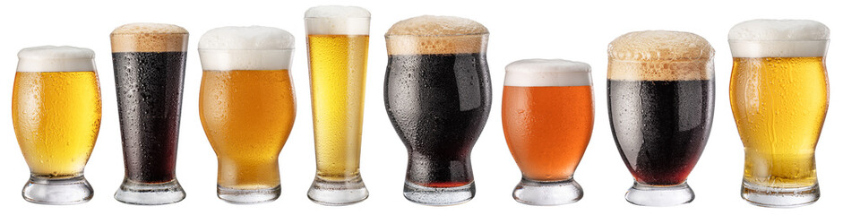 Collection of glasses of different chilled beers on white background. Clipping paths.