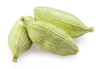 Green cardamom pods isolated on white background.