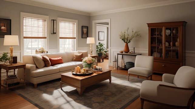 Design a traditional living room with classic furniture and elegant accents