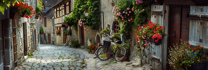 Fototapeta na wymiar A charming European village nestled in rolling hills, with cobblestone streets and quaint cottages adorned with flower boxes.