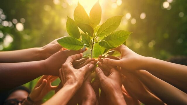 Plants, sustainability, and the earth are in the hands of business people for teamwork, support, or environment Collaborating, growing, and investing in people and the soil for the future.
