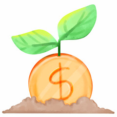 A tree growing on a coin planted on the ground represents growth and prosperity, vector illustration.