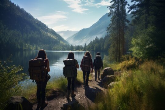 Friends hiking to a hidden lake in the mountains