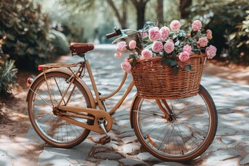 Fototapeta na wymiar bike ride through the countryside with a flowers in the bike basket professional photography