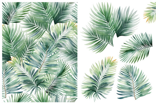Tropical leaves watercolor seamless pattern green floral background