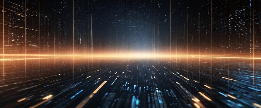 An abstract digital background with binary code and AI algorithms running in the background