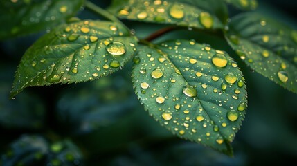 a close up of a green leaf with drops of water on it and green leaves with green leaves in the background.
