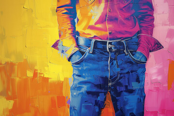 Vibrant pop art style denim jeans and jacket with bright colors and textured background.