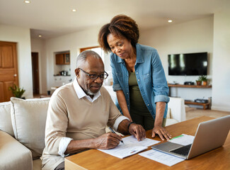 Senior African American Couple Collaborating on Documents with a Laptop on the Desk