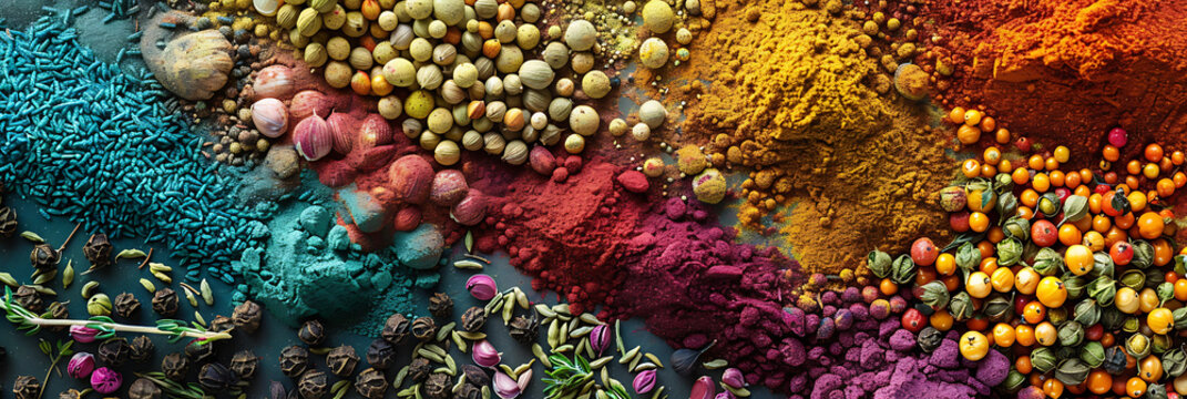 A close-up shot of colorful spices and herbs arranged in an artistic pattern, representing the diversity of flavors in culinary arts.
