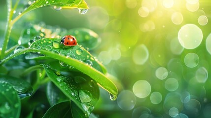 Morning's Embrace: Dew-Kissed Leaves and a Ladybug's Journey - Generative AI