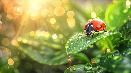 Obraz premium Morning's Embrace: Dew-Kissed Leaves and a Ladybug's Journey - Generative AI