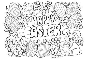 Cute Happy Easter coloring book page with Easter bunny, eggs, and flowers. Antistress Easter coloring book page for adults.