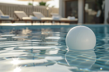 A white beach ball floating in the pool of an elegant hotel with sun loungers and umbrellas on the side - Powered by Adobe