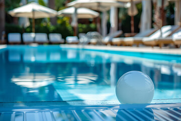 A white beach ball floating in the pool of an elegant hotel with sun loungers and umbrellas on the side