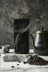 Black coffee bag mockup. Coffee bag placed on marble stone with coffee beans - 757140702