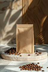 Craft coffee bag mockup. Coffee bag placed on marble stone with coffee beans - 757140747