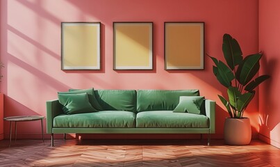 Bright Pink Living Room with Green Couch and Framed Pictures on Wall in Contemporary Home Decor Setting
