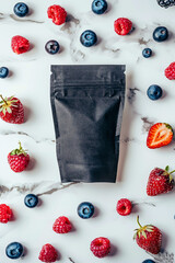 Birds-eye-view of a craft coffee bag mockup lying on marble background. Different berries around - 757140948
