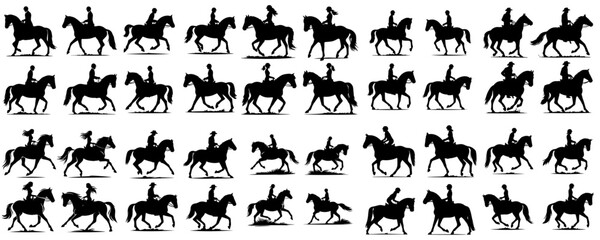 Vector set of people riding horses in silhouette style - obrazy, fototapety, plakaty