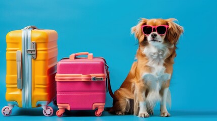 Travel concept cute pet dog in sunglasses with suitcase on the blue background , copy space