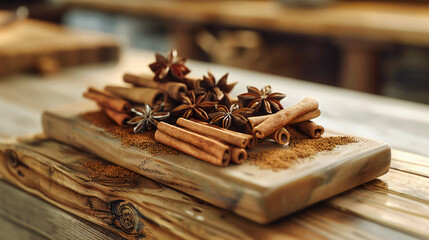 Aromatic spices and herbs for festive baking, cinnamon sticks, anise stars on a wooden table with Christmas decorations