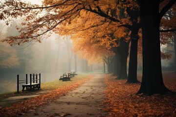 A foggy autumn morning in a park