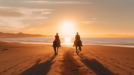 Fototapeta na wymiar Silhouette of two women on horseback riding on the beach at sunset