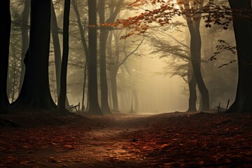 Misty October morning in a forest