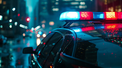 A close-up shot of the flashing blue and red lights atop a police car, with the bustling cityscape blurred in the background.
