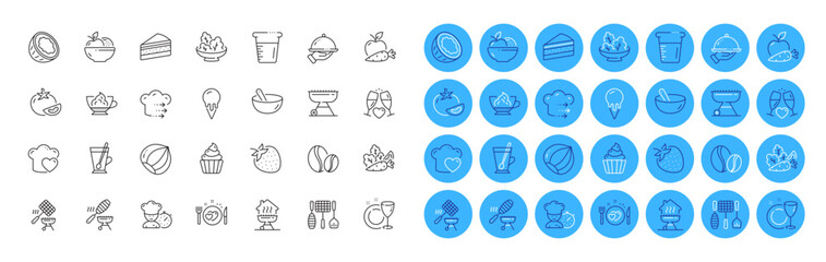 Wedding glasses, Cooking mix and Cooking beaker line icons pack. Grill basket, Fruits, Grill tools web icon. Espresso cream, Romantic dinner, Salad pictogram. Restaurant food, Vegetables. Vector