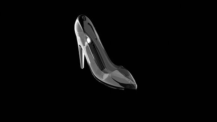 A crystal or glass slipper or high heel shoe on a black background, Cinderella concept. 3d render