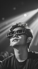 vintage people watching movie in the cinema wearing 3d black lens glasses